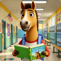 A cartoon horse with a backpack reading an elementary school book